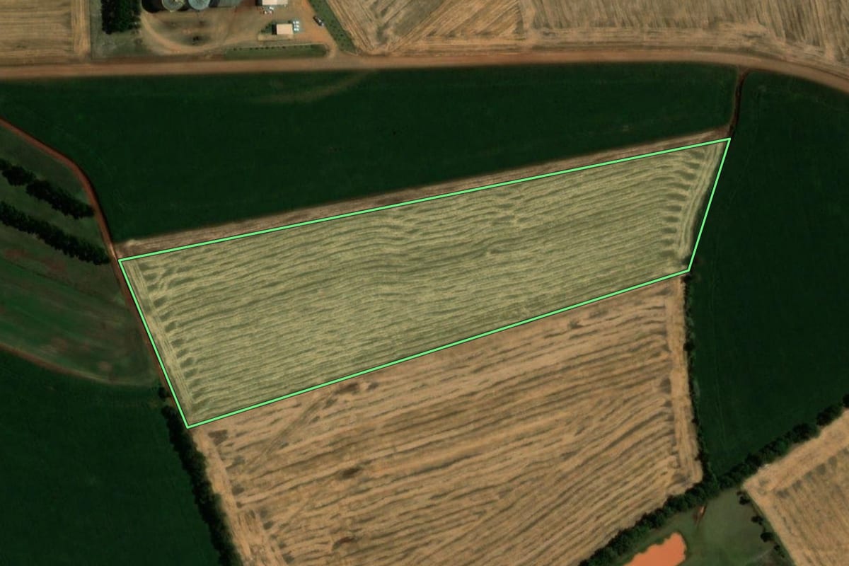 Imagem de satélite do imóvel rural em Sede Nova (RS), com o contorno declarado no CAR desenhado por cima.