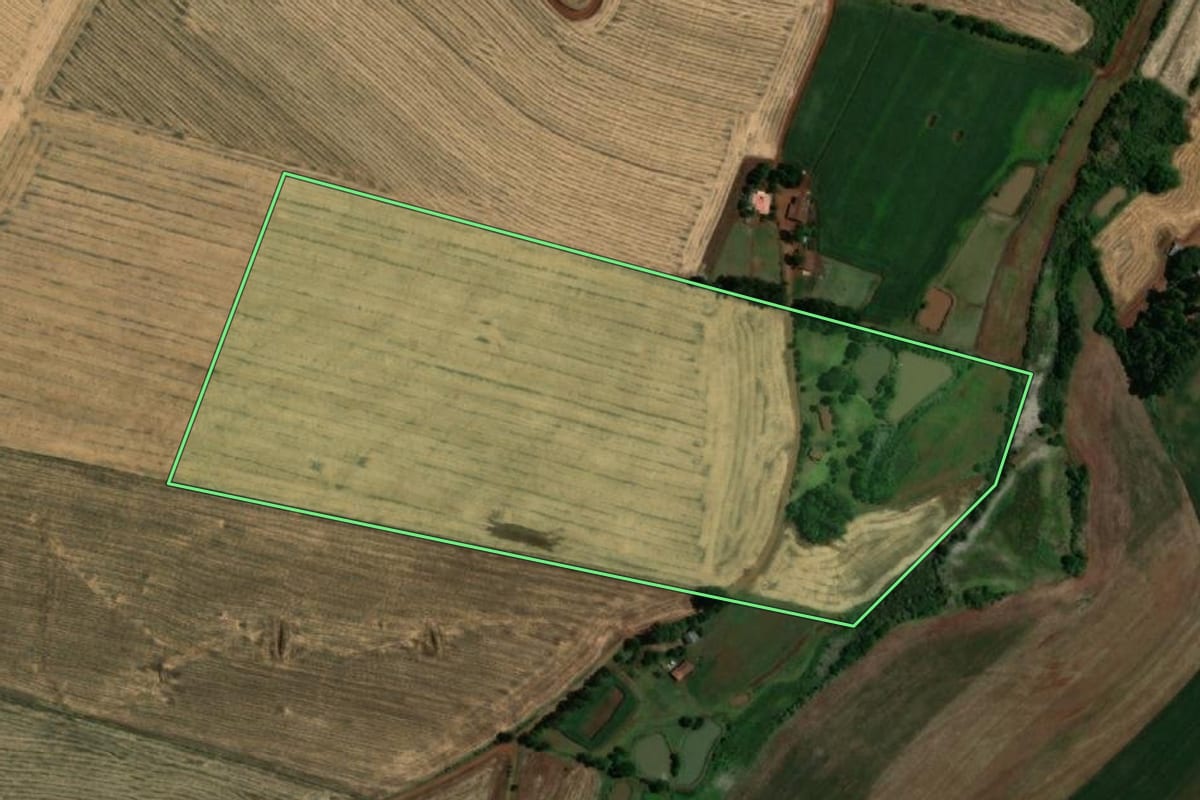 Imagem de satélite do imóvel rural em Sede Nova (RS), com o contorno declarado no CAR desenhado por cima.