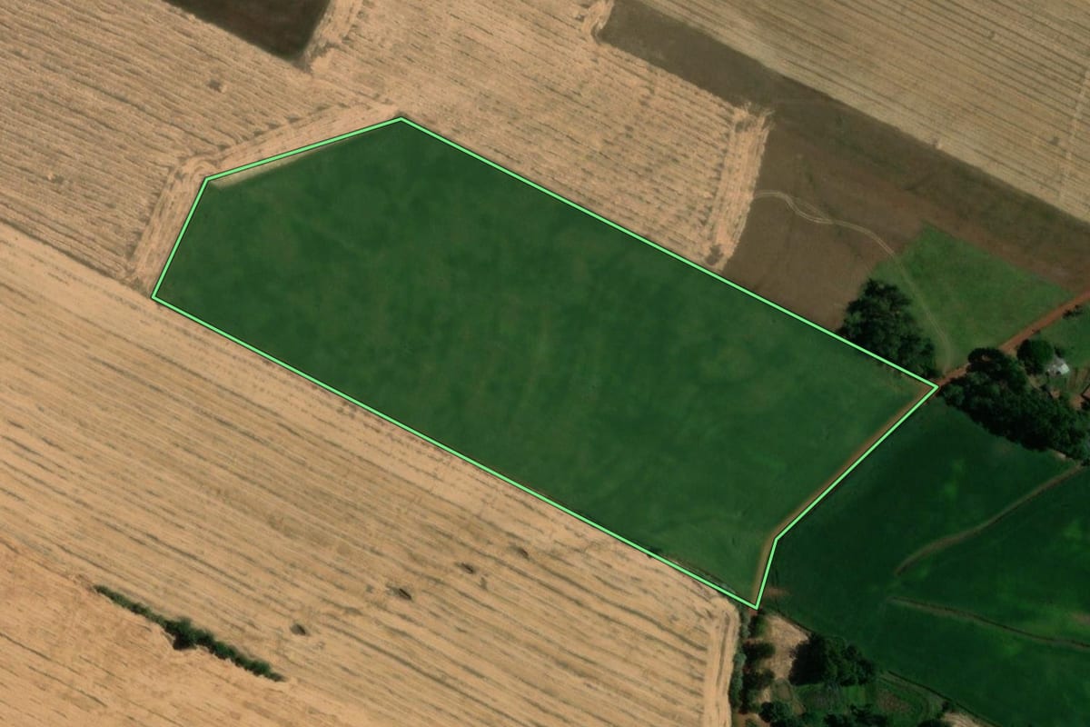 Imagem de satélite do imóvel rural em Sede Nova (RS), com o contorno declarado no CAR desenhado por cima.