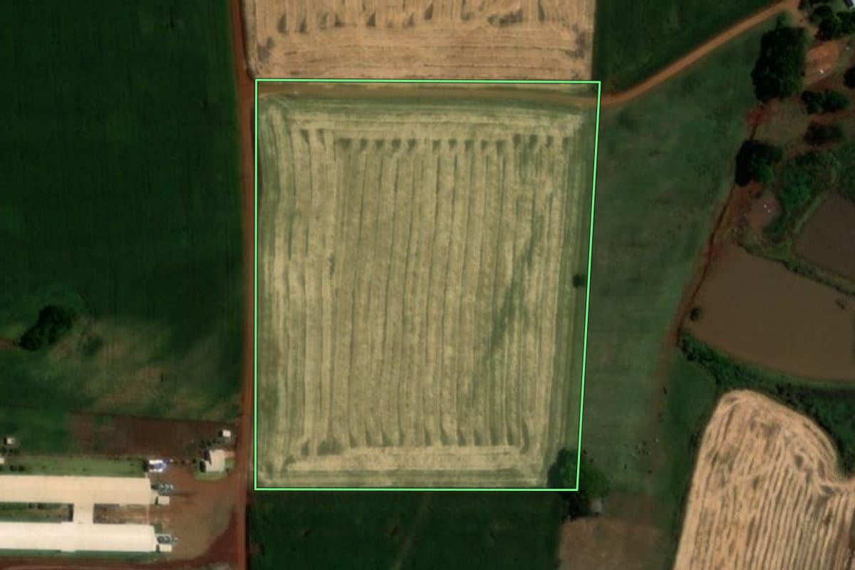Imagem de satélite do imóvel rural em Sede Nova (RS), com o contorno declarado no CAR desenhado por cima.