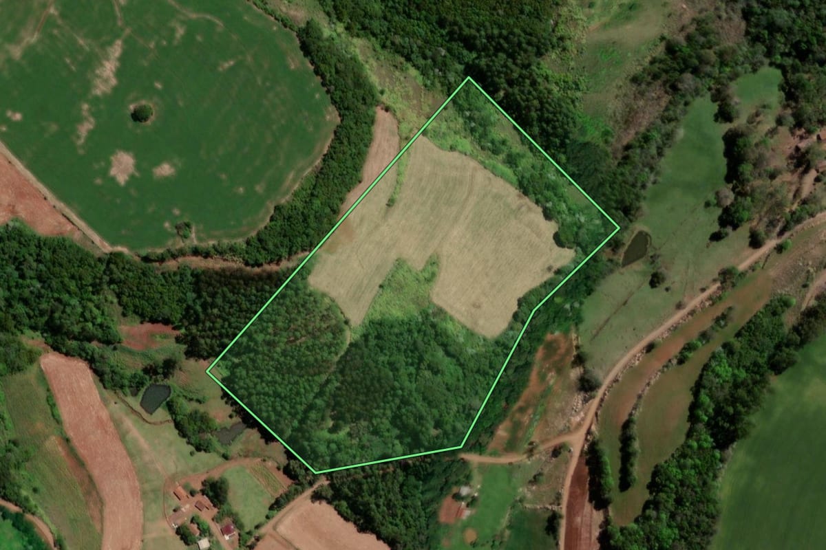 Imagem de satélite do imóvel rural em Sede Nova (RS), com o contorno declarado no CAR desenhado por cima.