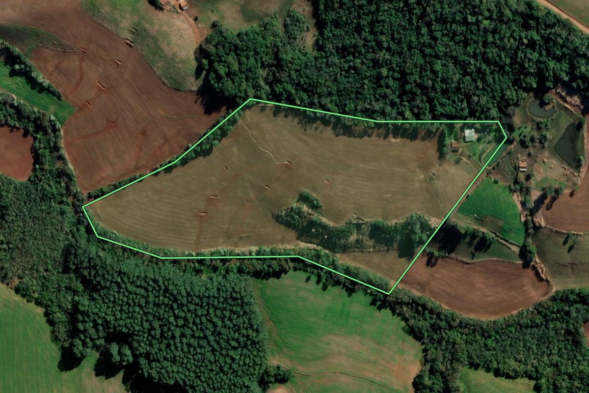 Imagem de satélite do imóvel rural em Sede Nova (RS), com o contorno declarado no CAR desenhado por cima.