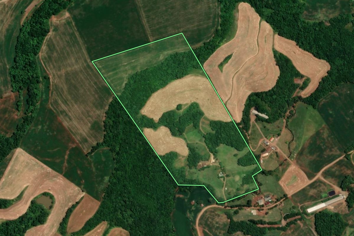 Imagem de satélite do imóvel rural em Sede Nova (RS), com o contorno declarado no CAR desenhado por cima.