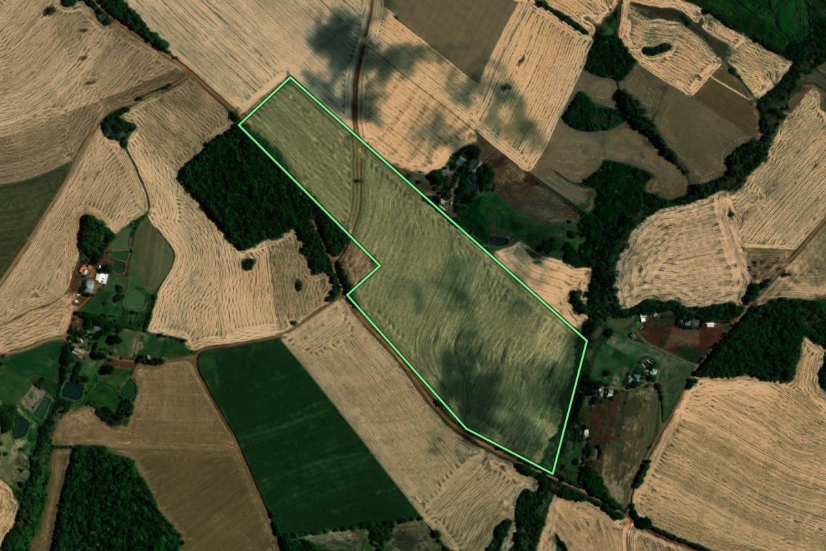 Imagem de satélite do imóvel rural em Sede Nova (RS), com o contorno declarado no CAR desenhado por cima.