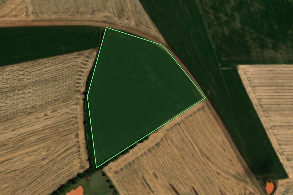 Imagem de satélite do imóvel rural em Sede Nova (RS), com o contorno declarado no CAR desenhado por cima.