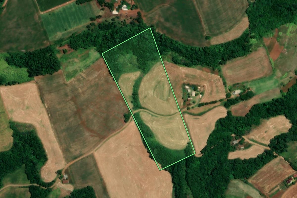 Imagem de satélite do imóvel rural em Sede Nova (RS), com o contorno declarado no CAR desenhado por cima.