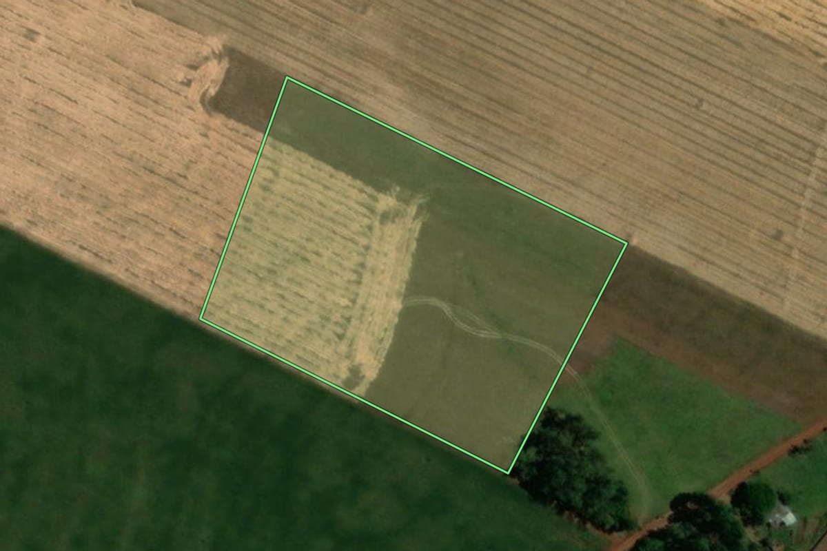Imagem de satélite do imóvel rural em Sede Nova (RS), com o contorno declarado no CAR desenhado por cima.