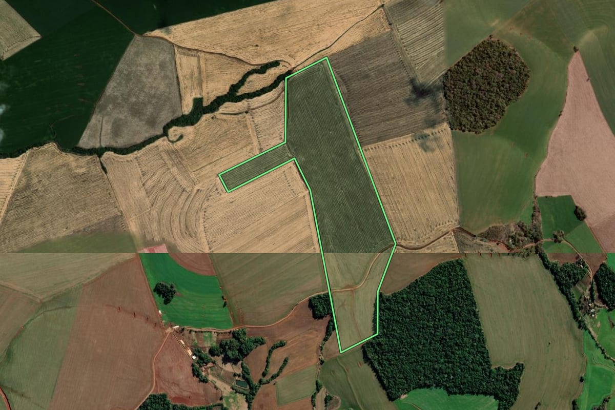 Imagem de satélite do imóvel rural em Sede Nova (RS), com o contorno declarado no CAR desenhado por cima.