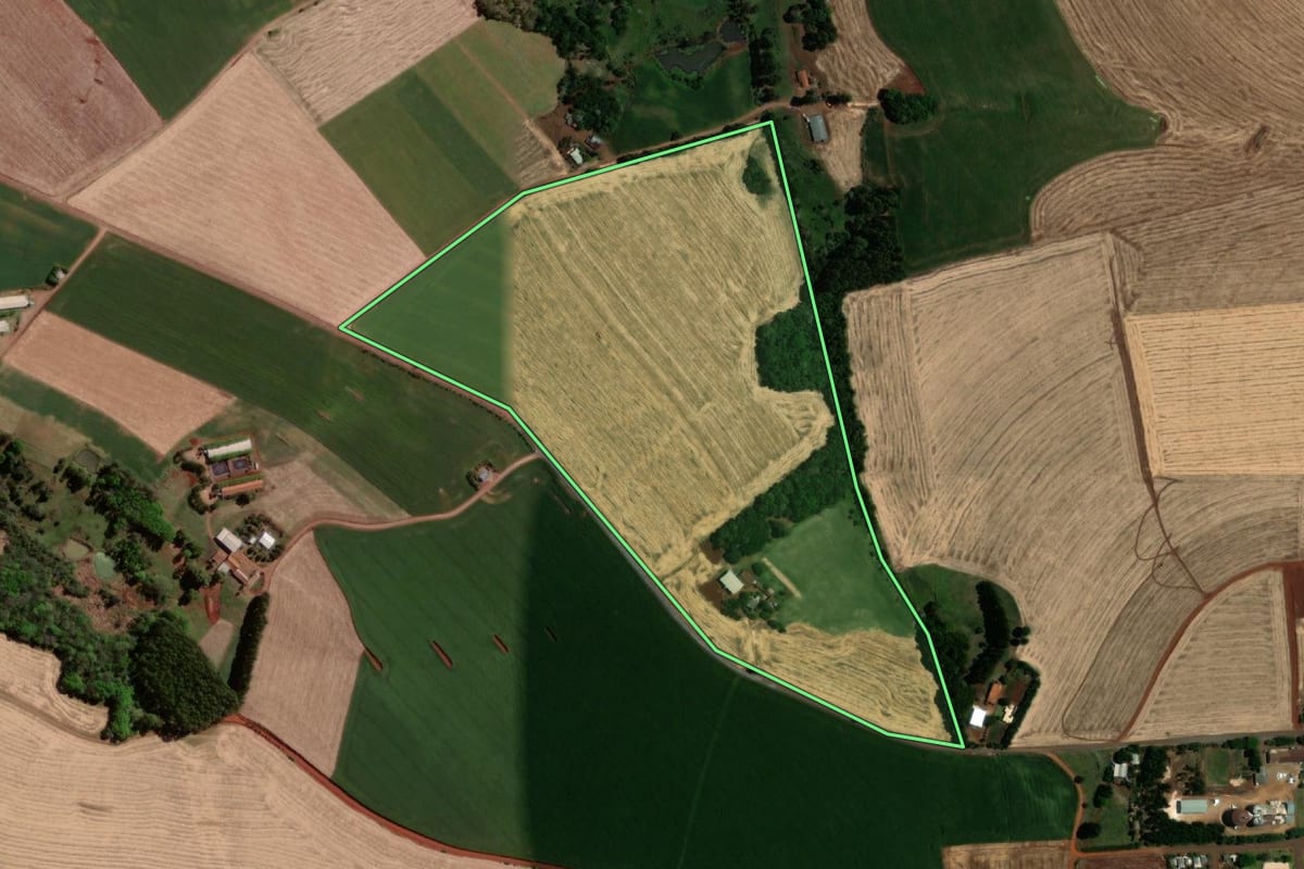 Imagem de satélite do imóvel rural em Sede Nova (RS), com o contorno declarado no CAR desenhado por cima.