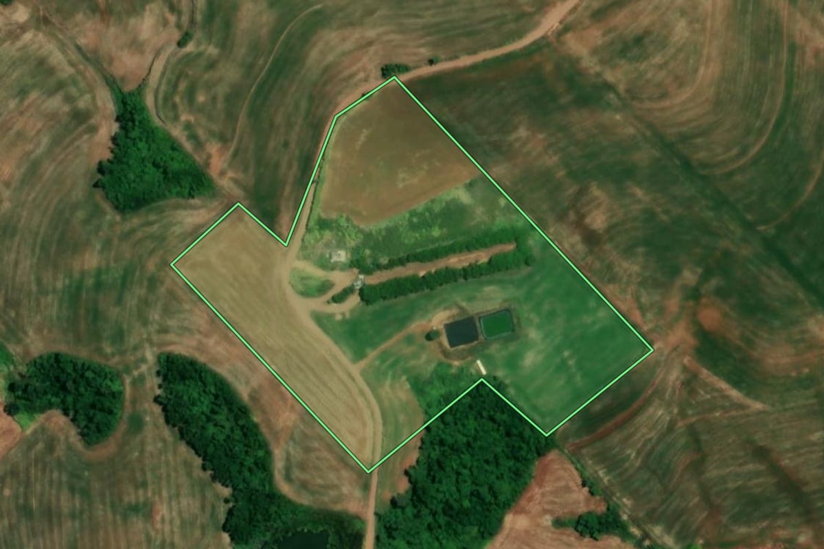 Imagem de satélite do imóvel rural em Sede Nova (RS), com o contorno declarado no CAR desenhado por cima.