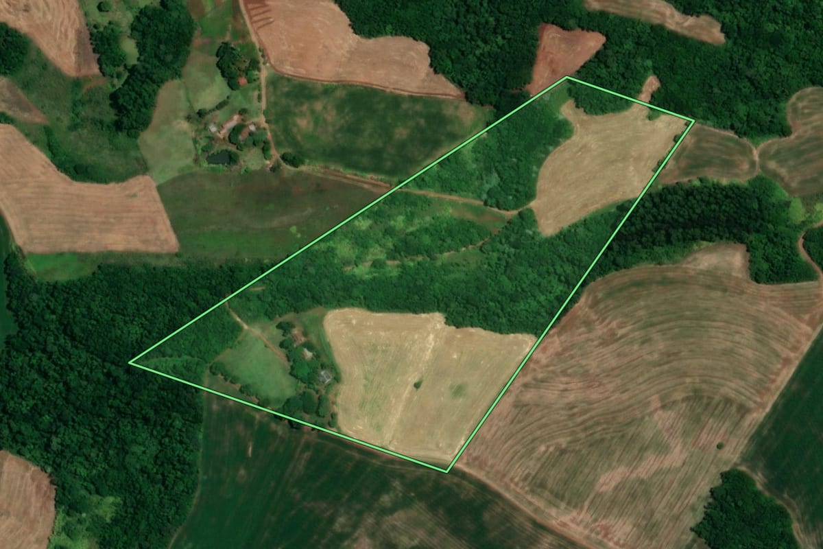 Imagem de satélite do imóvel rural em Sede Nova (RS), com o contorno declarado no CAR desenhado por cima.