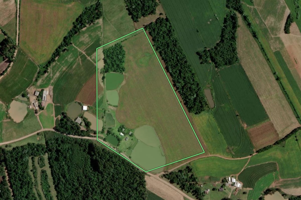 Imagem de satélite do imóvel rural em Segredo (RS), com o contorno declarado no CAR desenhado por cima.