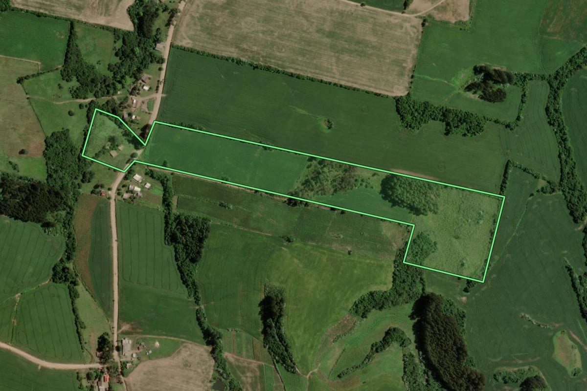 Imagem de satélite do imóvel rural em Segredo (RS), com o contorno declarado no CAR desenhado por cima.