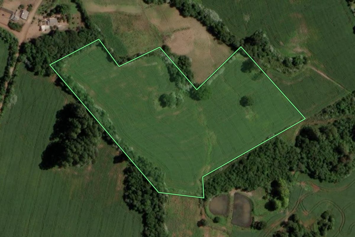 Imagem de satélite do imóvel rural em Segredo (RS), com o contorno declarado no CAR desenhado por cima.