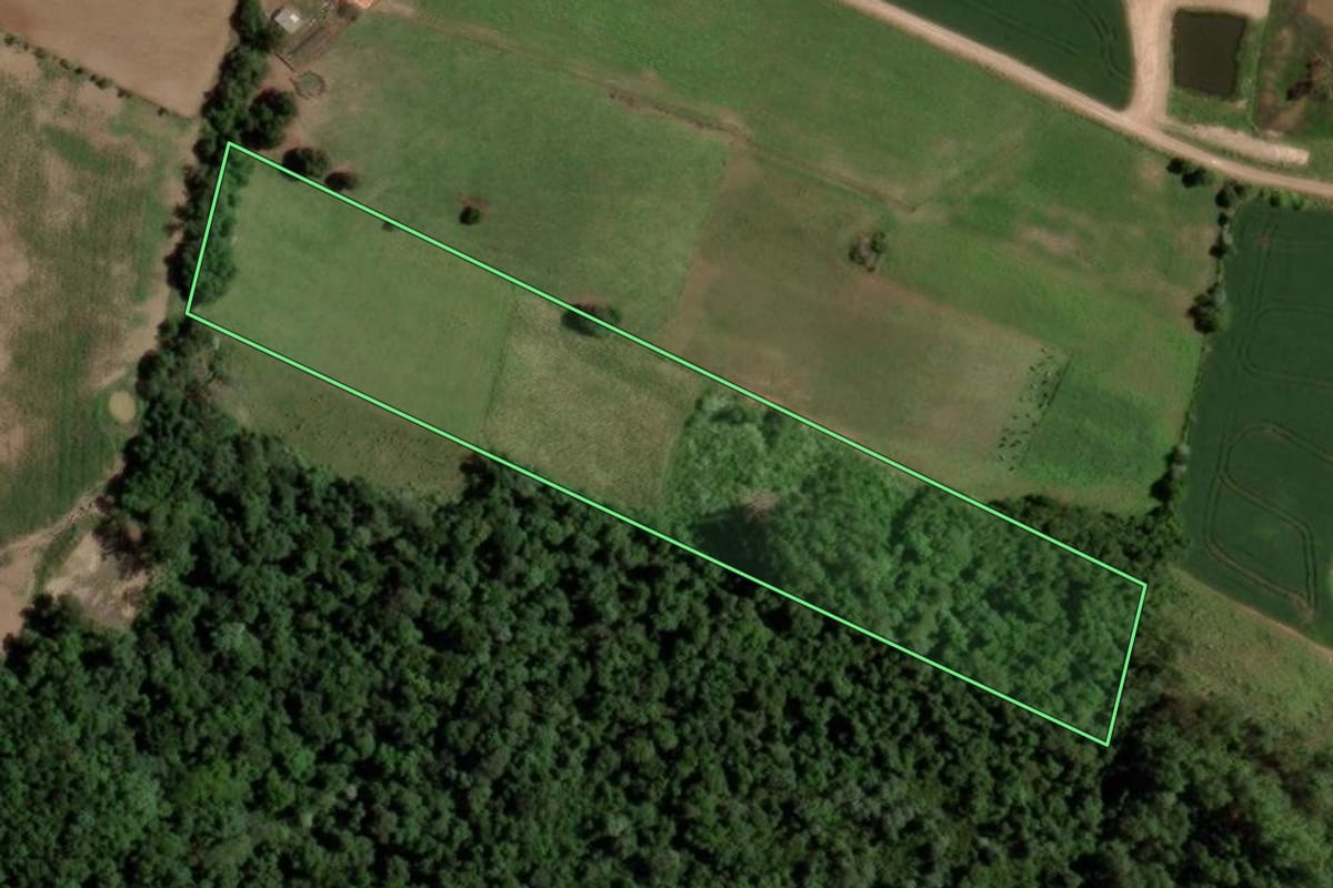 Imagem de satélite do imóvel rural em Segredo (RS), com o contorno declarado no CAR desenhado por cima.