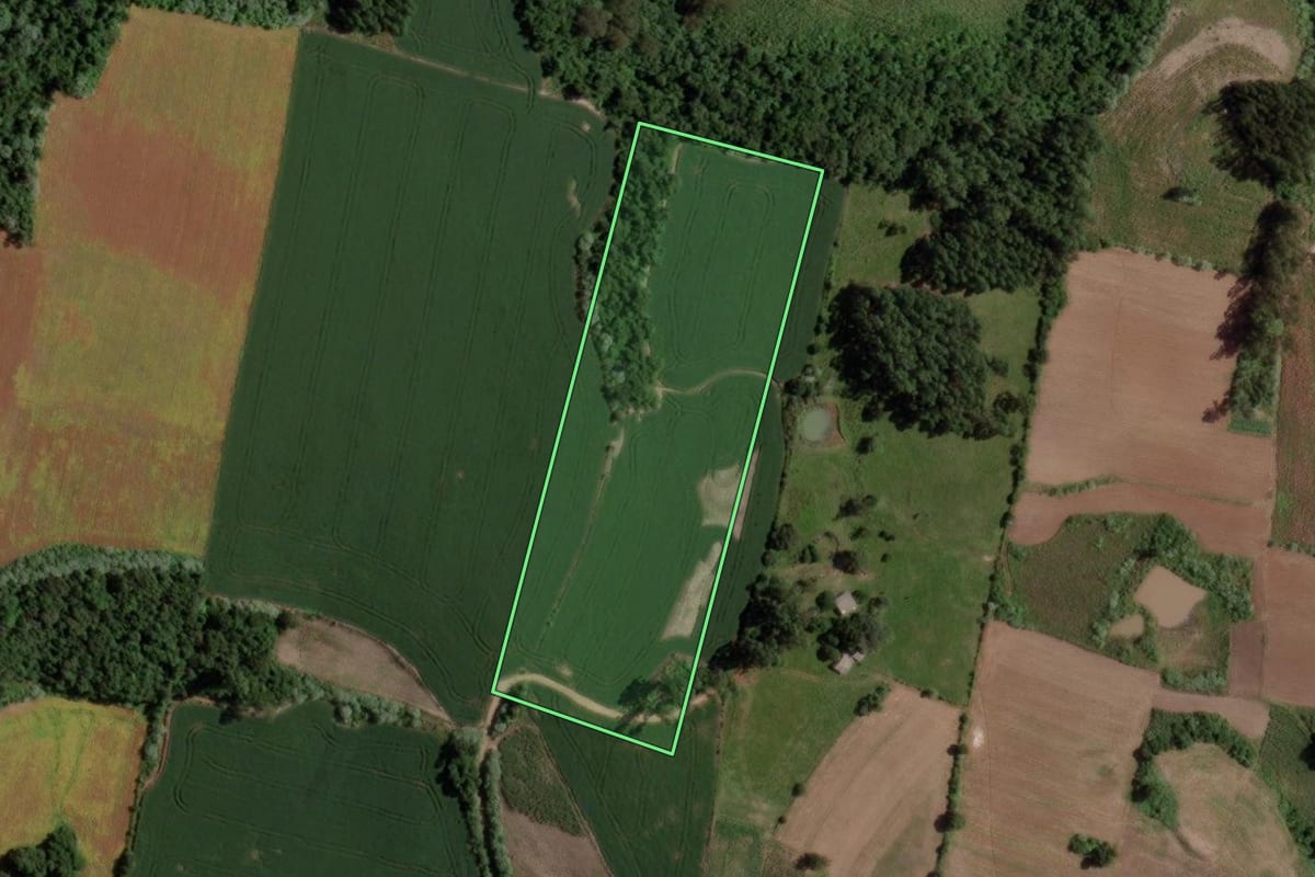 Imagem de satélite do imóvel rural em Segredo (RS), com o contorno declarado no CAR desenhado por cima.