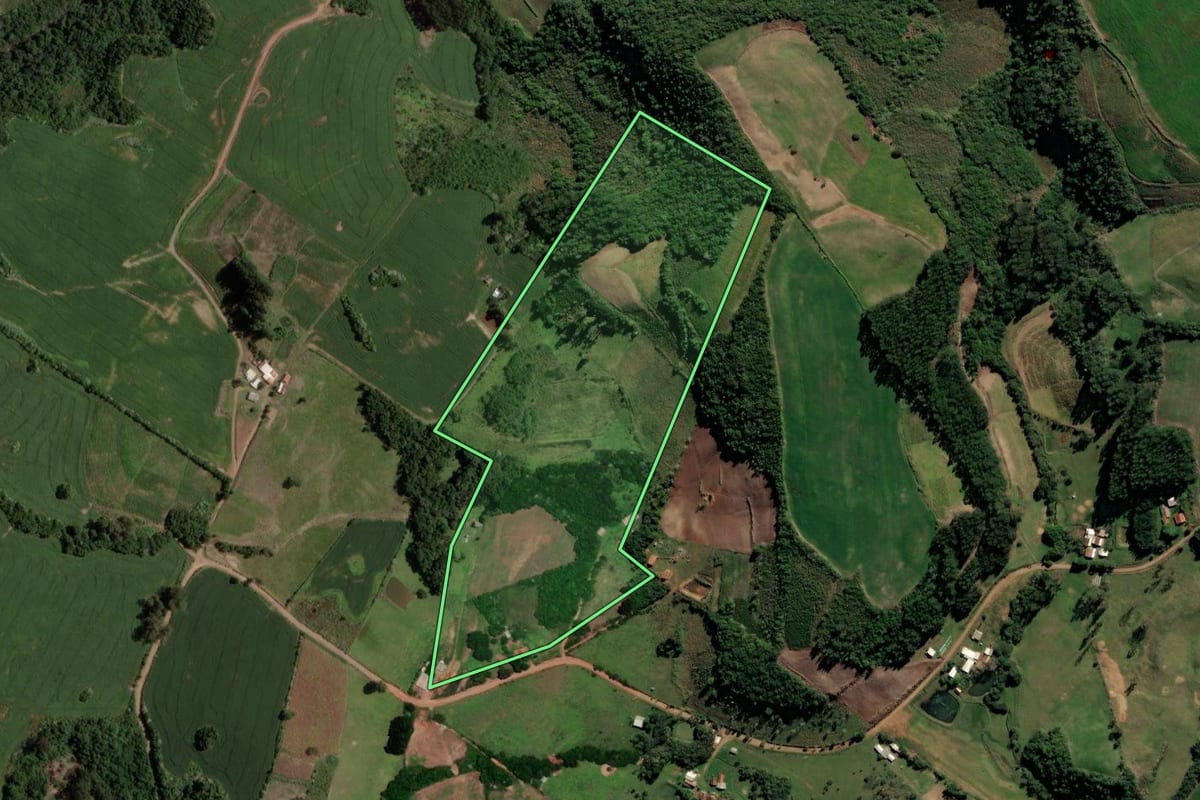 Imagem de satélite do imóvel rural em Segredo (RS), com o contorno declarado no CAR desenhado por cima.