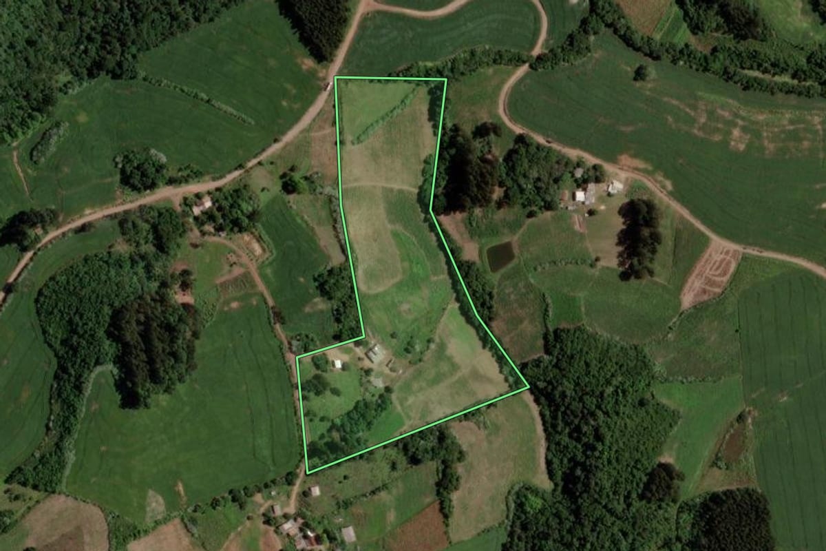 Imagem de satélite do imóvel rural em Segredo (RS), com o contorno declarado no CAR desenhado por cima.