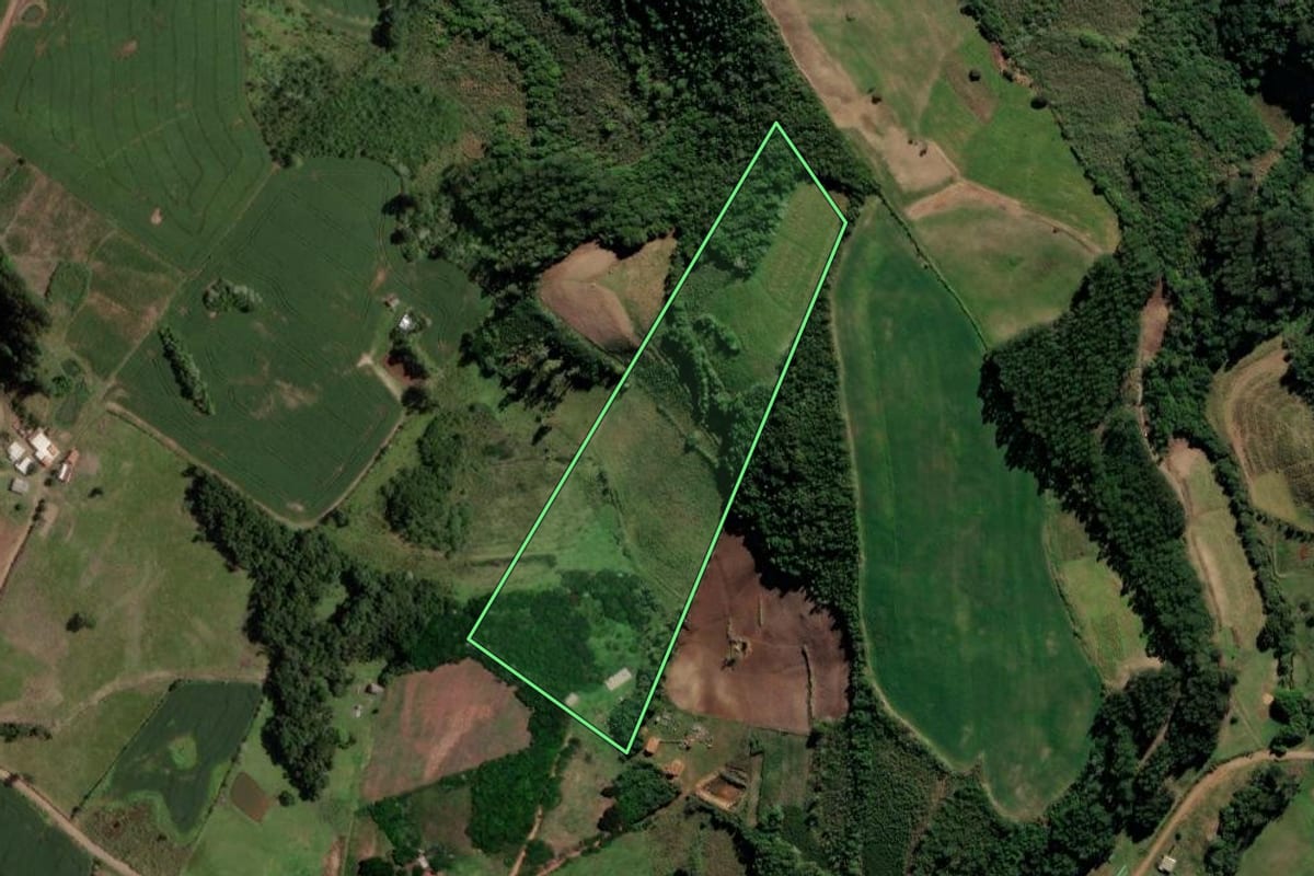 Imagem de satélite do imóvel rural em Segredo (RS), com o contorno declarado no CAR desenhado por cima.