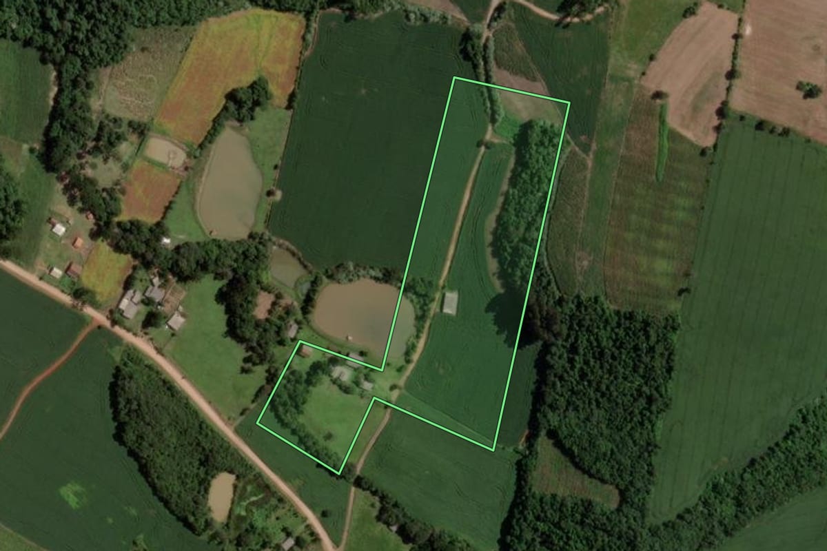 Imagem de satélite do imóvel rural em Segredo (RS), com o contorno declarado no CAR desenhado por cima.