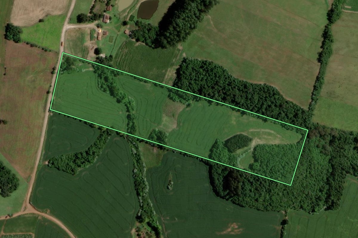 Imagem de satélite do imóvel rural em Segredo (RS), com o contorno declarado no CAR desenhado por cima.