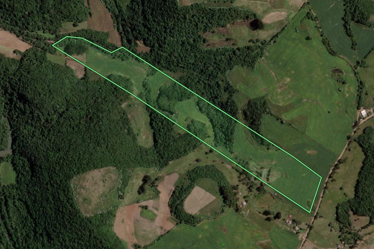 Imagem de satélite do imóvel rural em Segredo (RS), com o contorno declarado no CAR desenhado por cima.