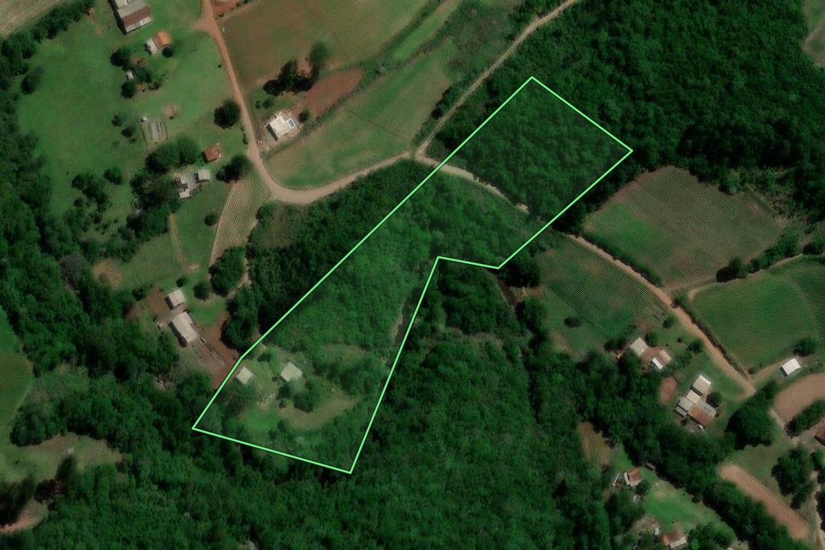 Imagem de satélite do imóvel rural em Segredo (RS), com o contorno declarado no CAR desenhado por cima.