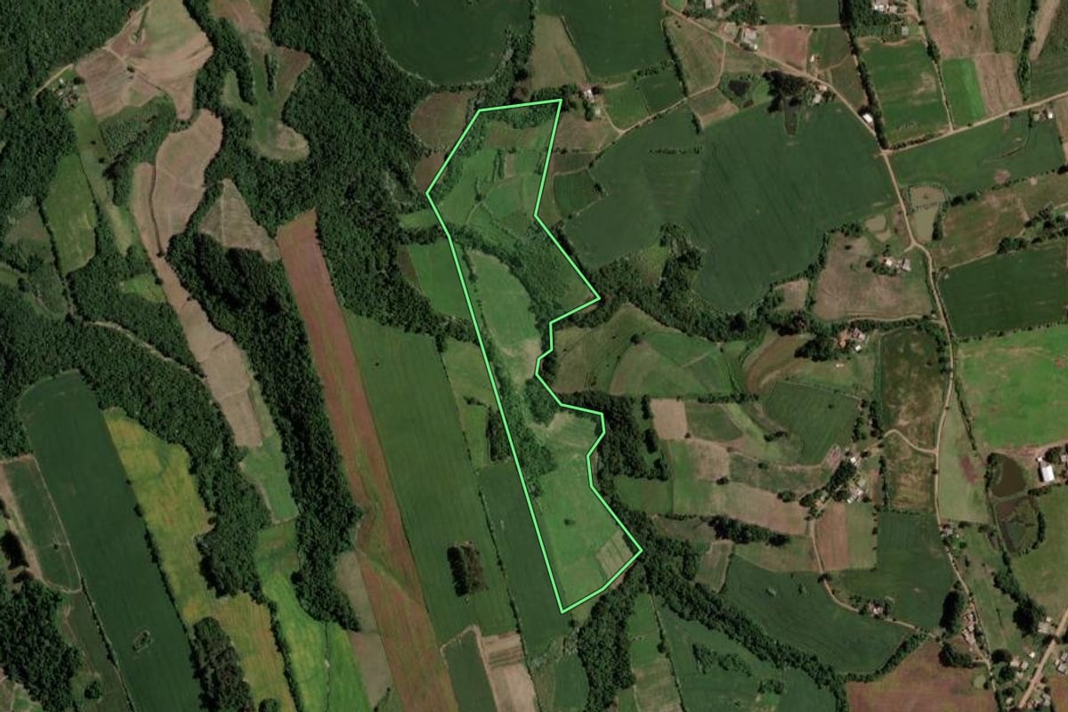 Imagem de satélite do imóvel rural em Segredo (RS), com o contorno declarado no CAR desenhado por cima.