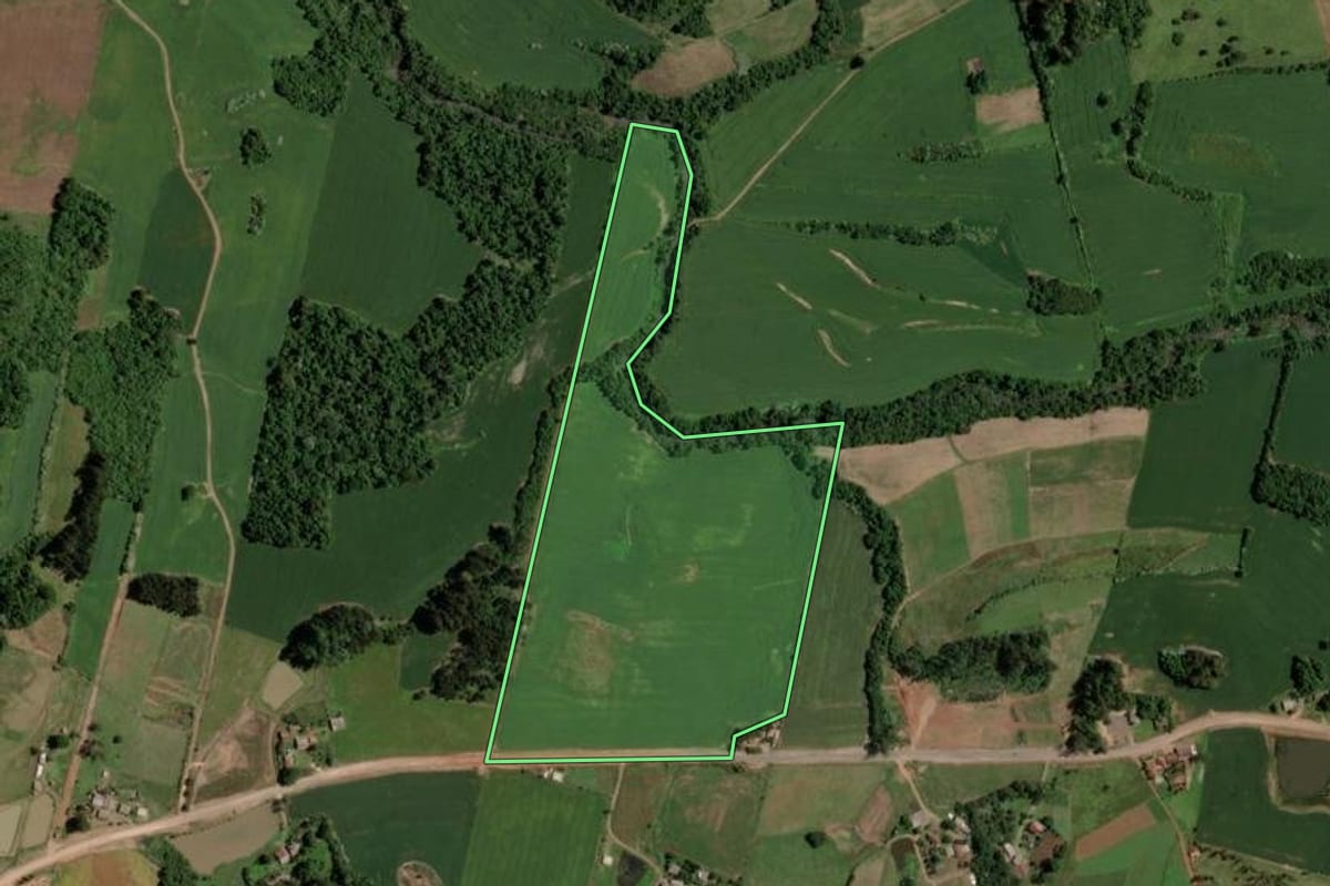 Imagem de satélite do imóvel rural em Segredo (RS), com o contorno declarado no CAR desenhado por cima.