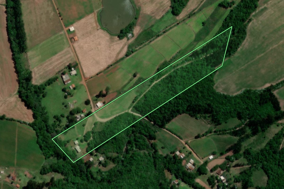 Imagem de satélite do imóvel rural em Segredo (RS), com o contorno declarado no CAR desenhado por cima.