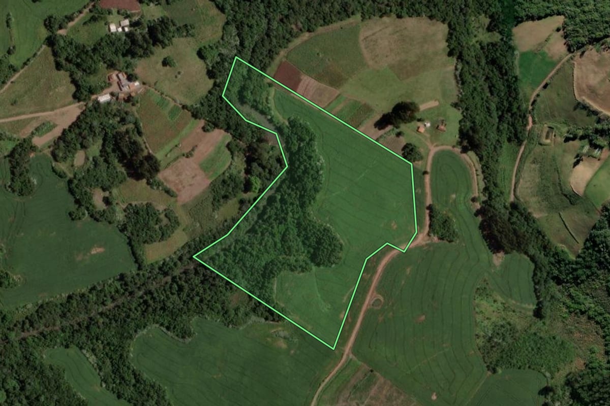 Imagem de satélite do imóvel rural em Segredo (RS), com o contorno declarado no CAR desenhado por cima.