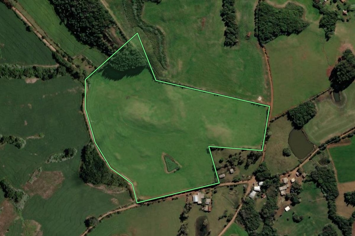 Imagem de satélite do imóvel rural em Segredo (RS), com o contorno declarado no CAR desenhado por cima.