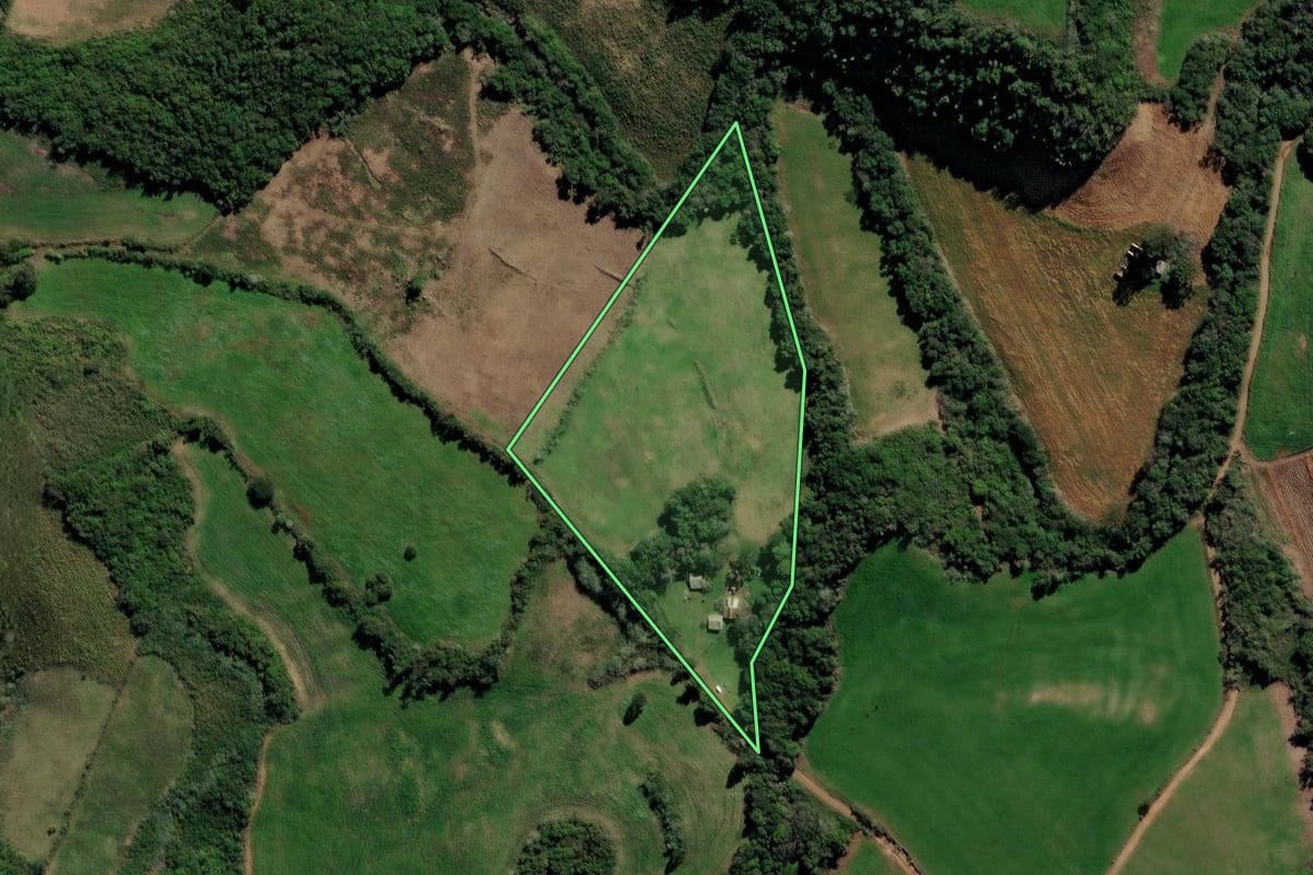 Imagem de satélite do imóvel rural em Segredo (RS), com o contorno declarado no CAR desenhado por cima.