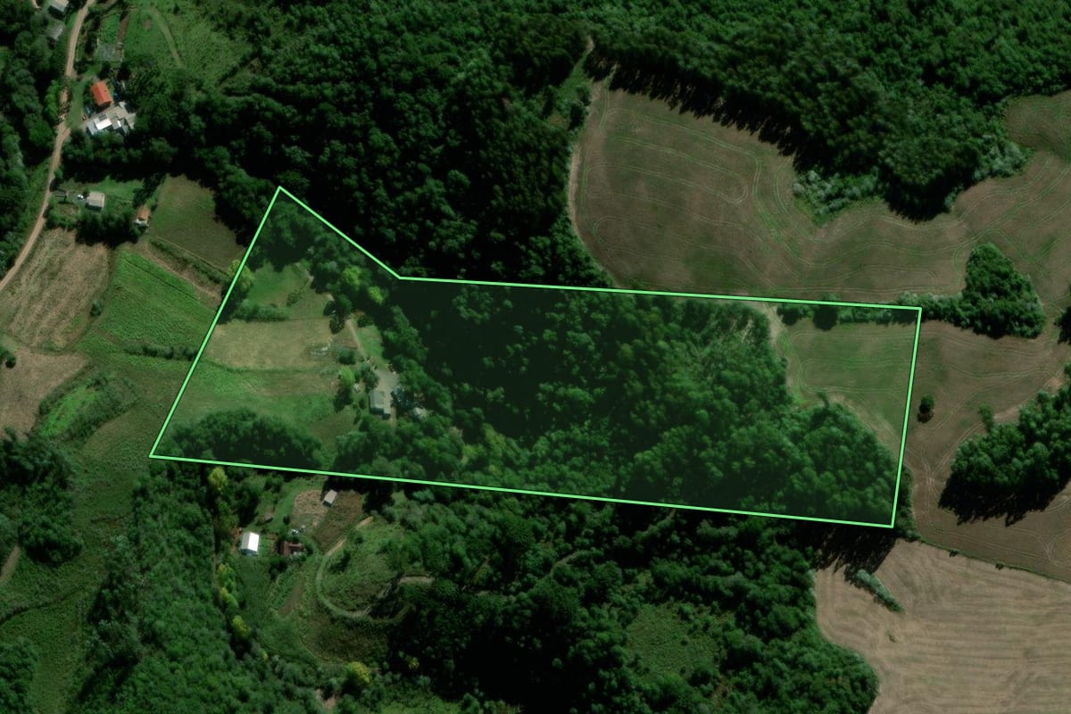 Imagem de satélite do imóvel rural em Segredo (RS), com o contorno declarado no CAR desenhado por cima.