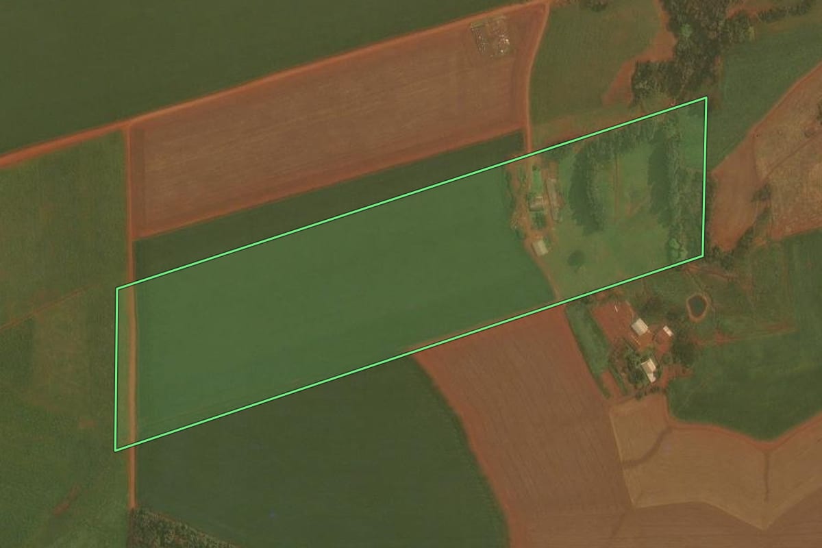 Imagem de satélite do imóvel rural em Selbach (RS), com o contorno declarado no CAR desenhado por cima.