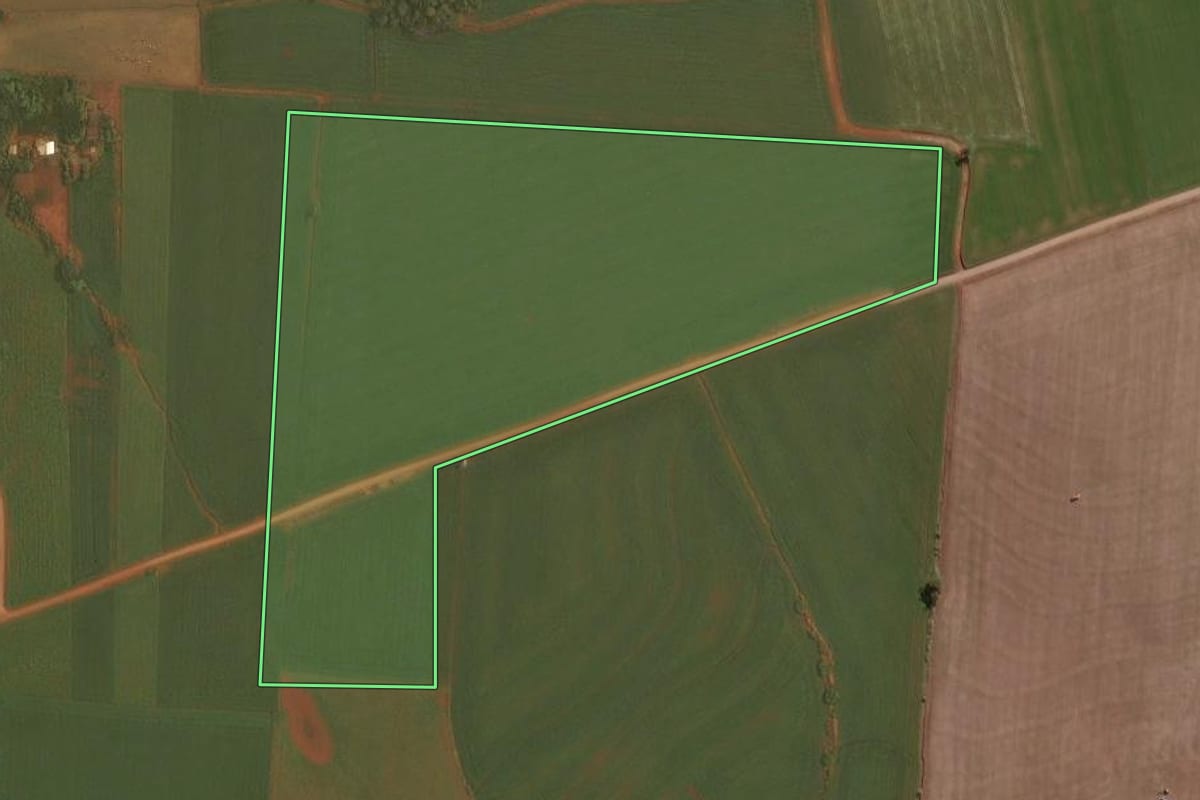Imagem de satélite do imóvel rural em Selbach (RS), com o contorno declarado no CAR desenhado por cima.
