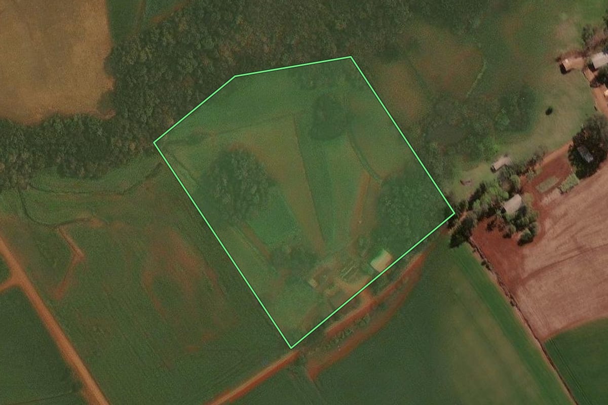 Imagem de satélite do imóvel rural em Selbach (RS), com o contorno declarado no CAR desenhado por cima.