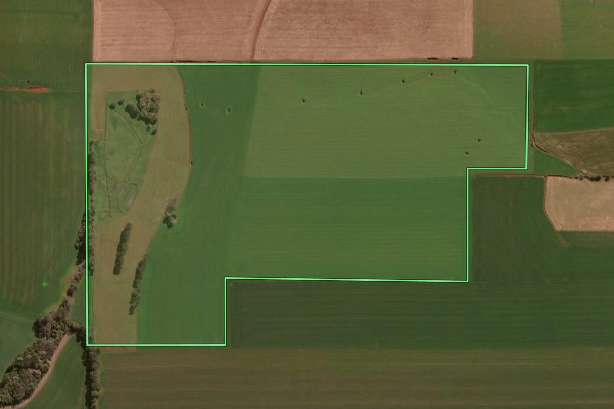 Imagem de satélite do imóvel rural em Selbach (RS), com o contorno declarado no CAR desenhado por cima.