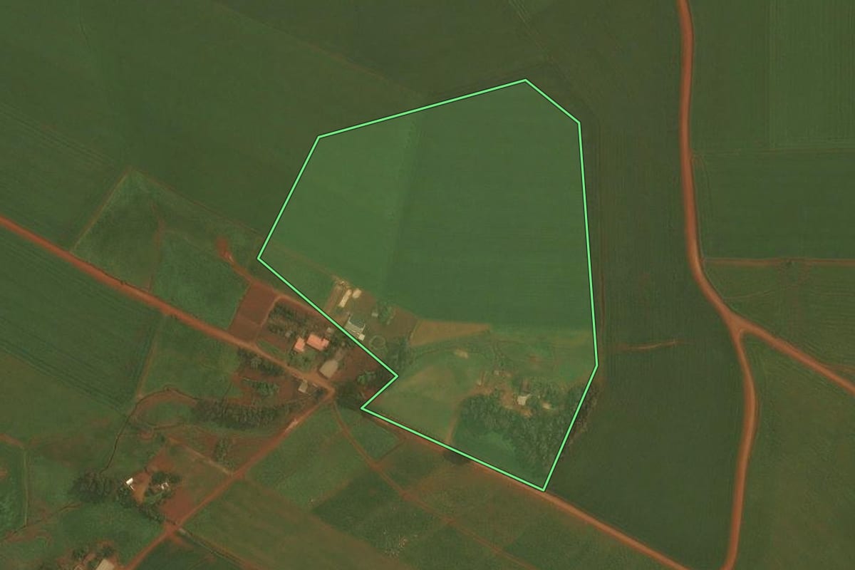 Imagem de satélite do imóvel rural em Selbach (RS), com o contorno declarado no CAR desenhado por cima.