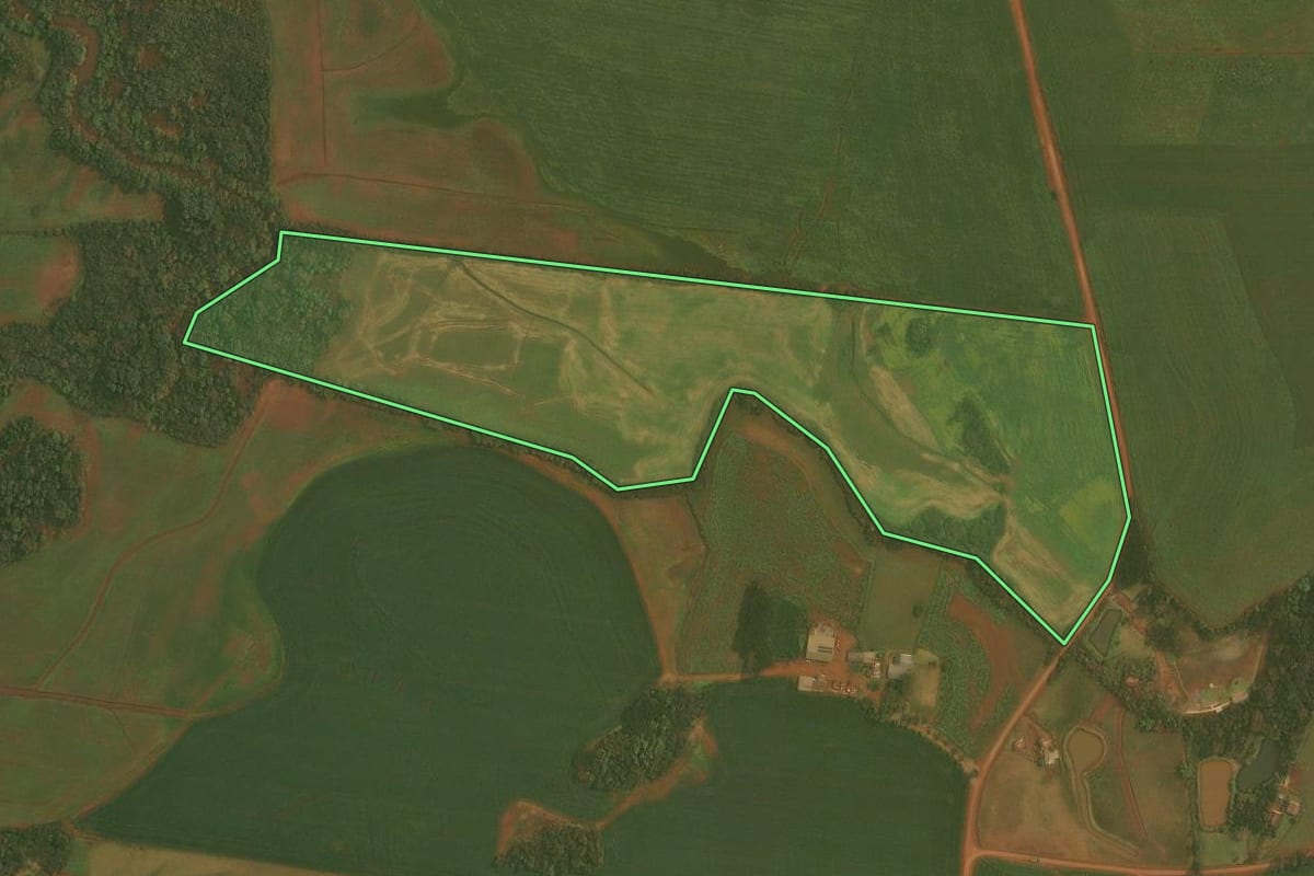 Imagem de satélite do imóvel rural em Selbach (RS), com o contorno declarado no CAR desenhado por cima.
