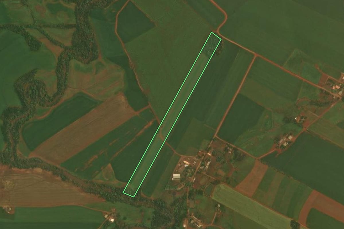 Imagem de satélite do imóvel rural em Selbach (RS), com o contorno declarado no CAR desenhado por cima.