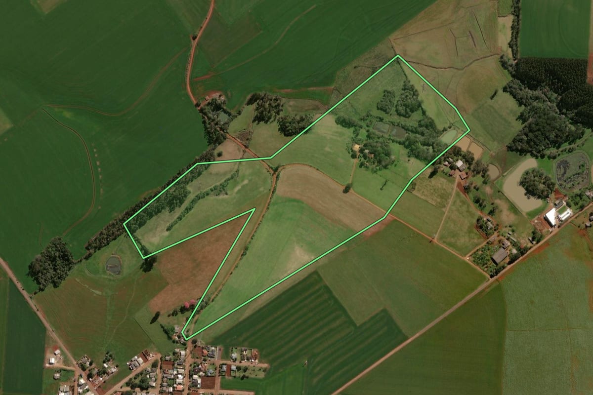 Imagem de satélite do imóvel rural em Selbach (RS), com o contorno declarado no CAR desenhado por cima.