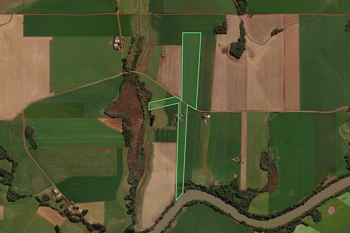 Imagem de satélite do imóvel rural em Selbach (RS), com o contorno declarado no CAR desenhado por cima.