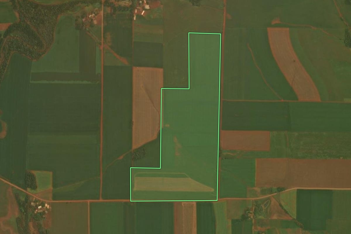 Imagem de satélite do imóvel rural em Selbach (RS), com o contorno declarado no CAR desenhado por cima.
