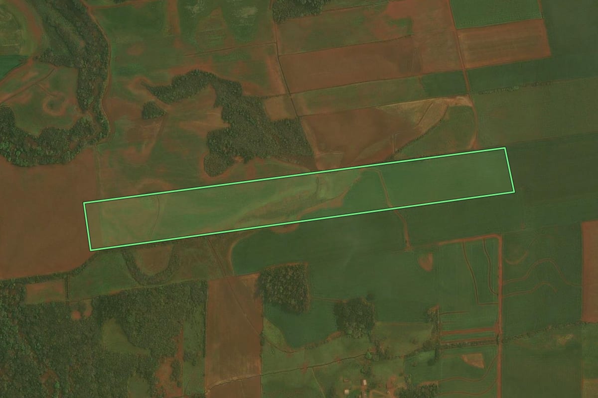 Imagem de satélite do imóvel rural em Selbach (RS), com o contorno declarado no CAR desenhado por cima.