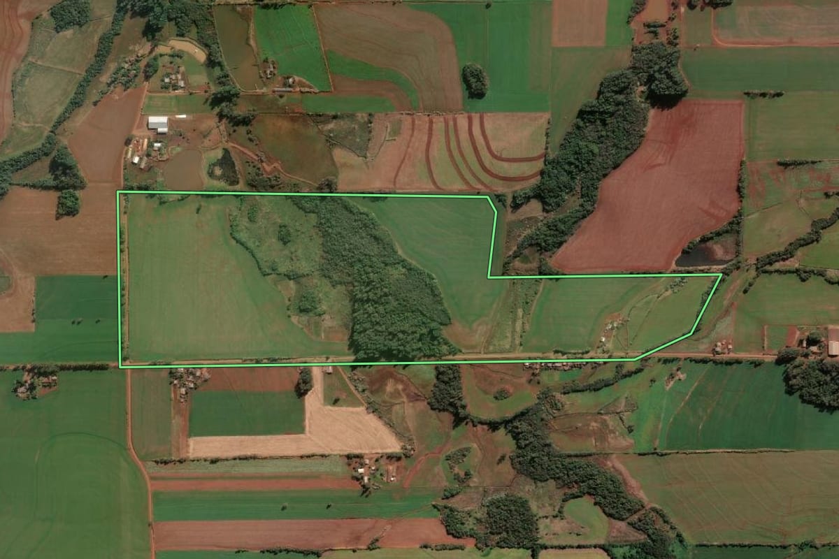 Imagem de satélite do imóvel rural em Senador Salgado Filho (RS), com o contorno declarado no CAR desenhado por cima.
