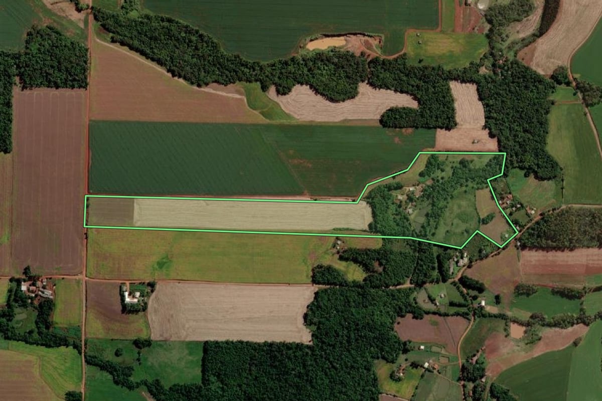 Imagem de satélite do imóvel rural em Senador Salgado Filho (RS), com o contorno declarado no CAR desenhado por cima.