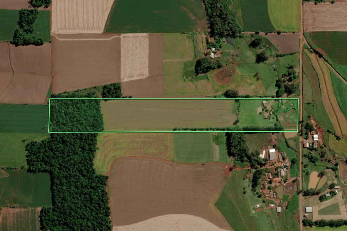 Imagem de satélite do imóvel rural em Senador Salgado Filho (RS), com o contorno declarado no CAR desenhado por cima.