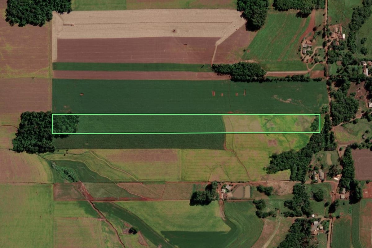 Imagem de satélite do imóvel rural em Senador Salgado Filho (RS), com o contorno declarado no CAR desenhado por cima.