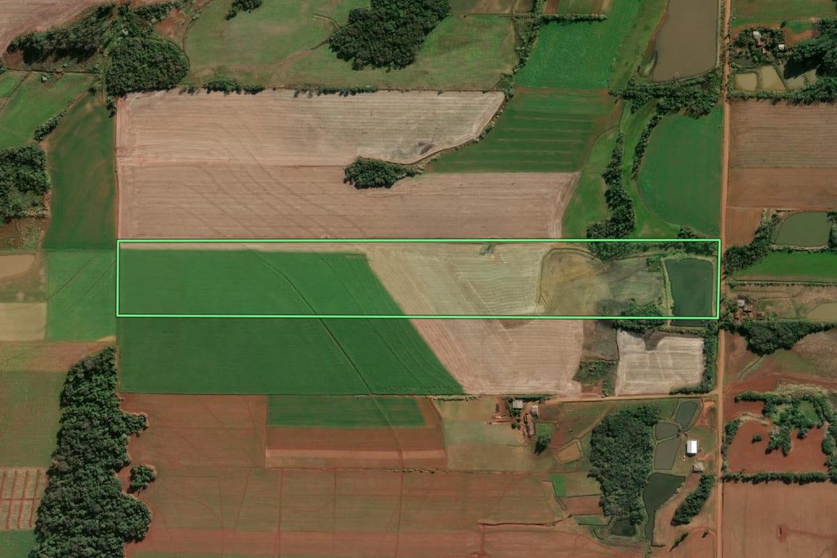 Imagem de satélite do imóvel rural em Senador Salgado Filho (RS), com o contorno declarado no CAR desenhado por cima.